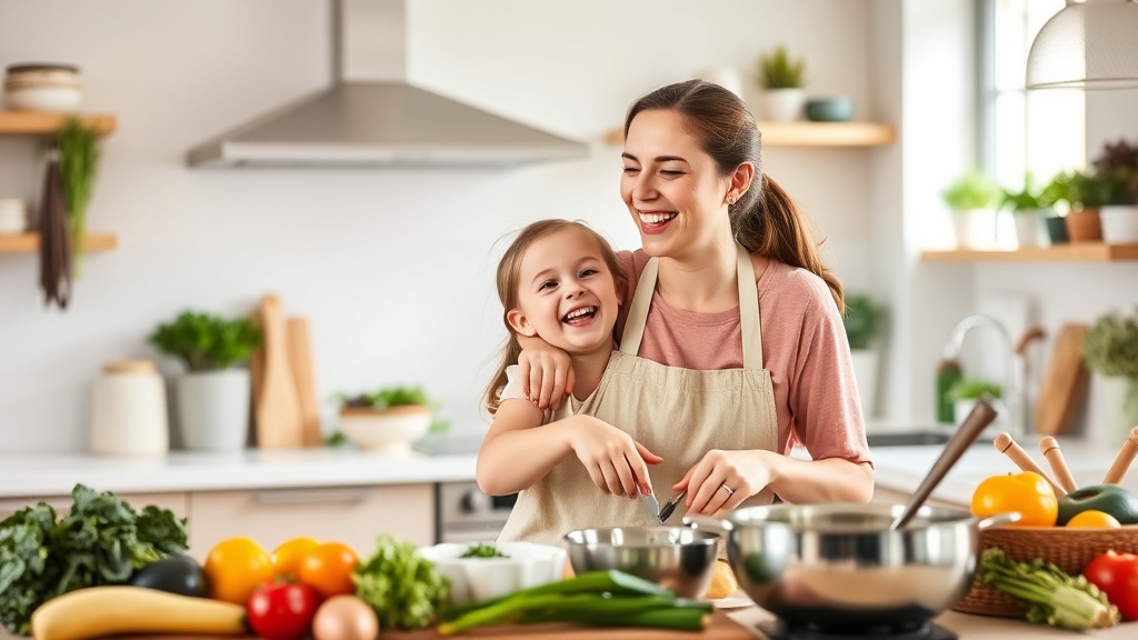 Mother and daughter cooking together in a kitchen