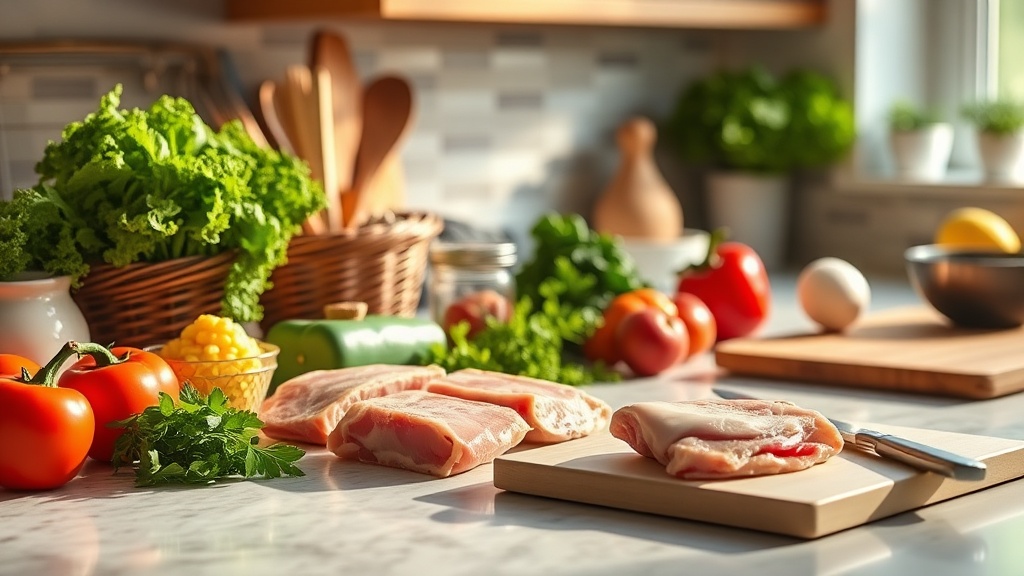 Organized kitchen countertop with ingredients for meal prep