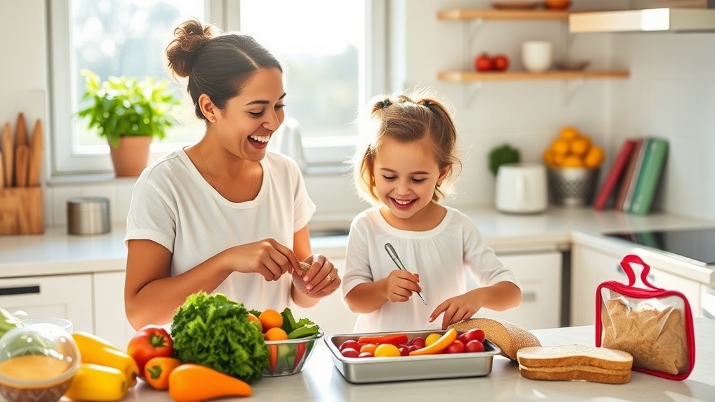Parent and child preparing a healthy lunch in a bright kitchen