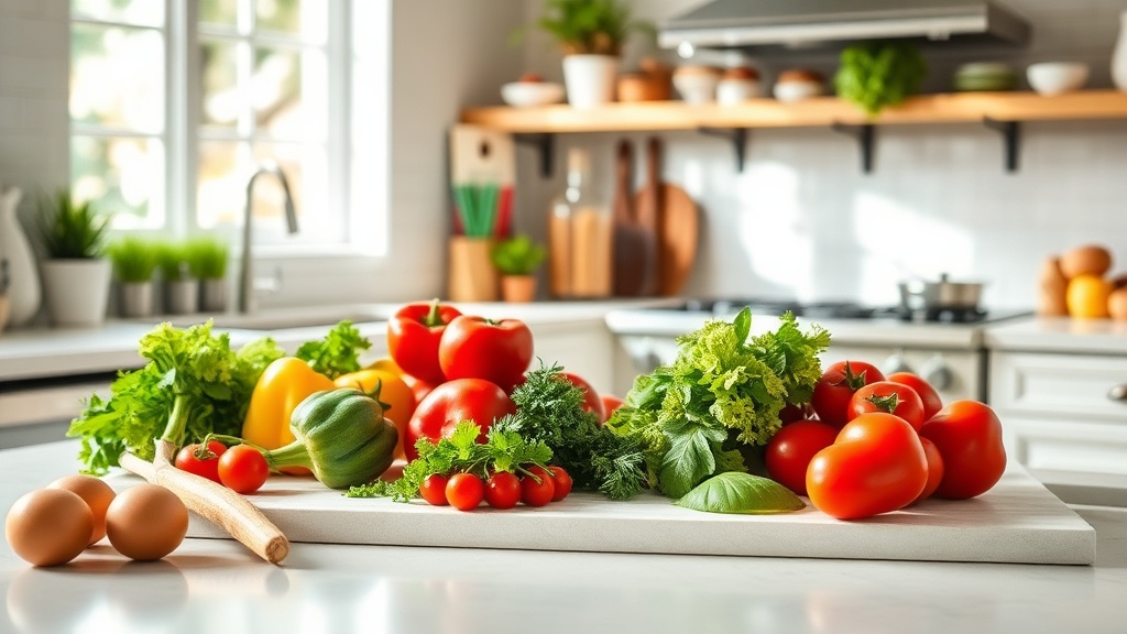 Bright kitchen with organized prep surface and fresh ingredients