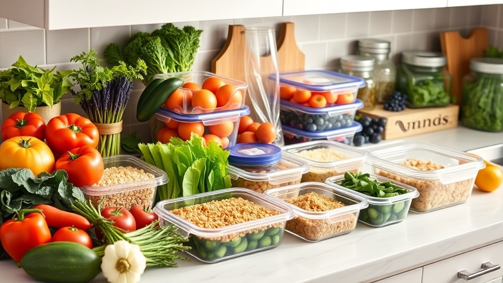Organized kitchen countertop with fresh ingredients for meal prep