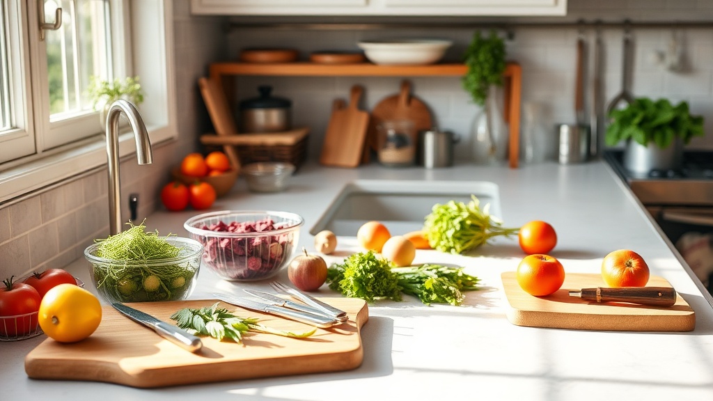 Organized kitchen countertop with fresh ingredients for meal prep