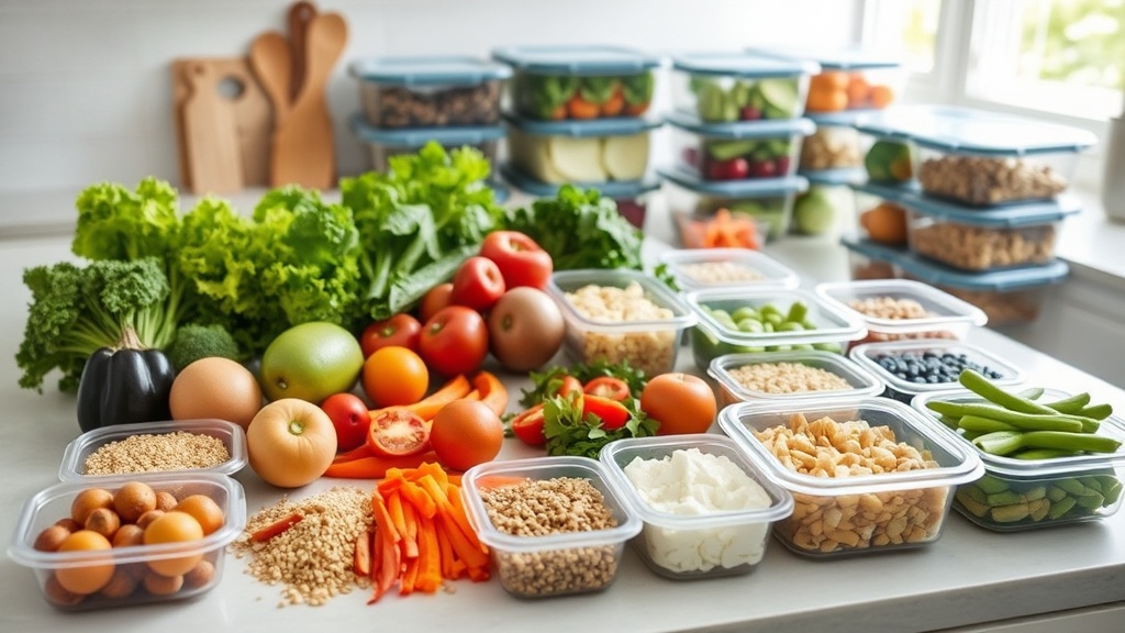 Colorful ingredients for meal prepping on a clean kitchen countertop