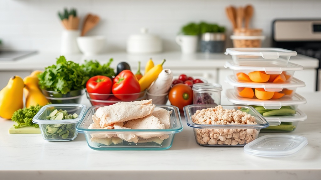 Organized kitchen countertop with ground turkey and fresh vegetables for meal prep
