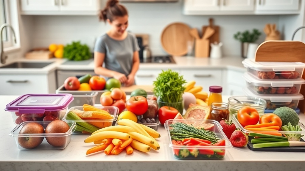 A parent preparing a healthy school lunch in a tidy kitchen