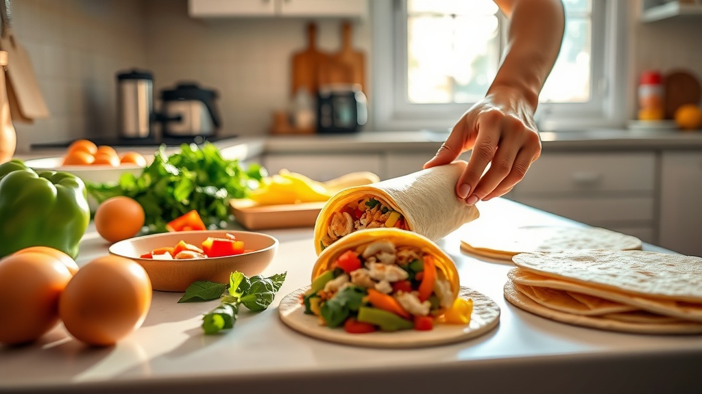 Person preparing breakfast burritos in a bright kitchen