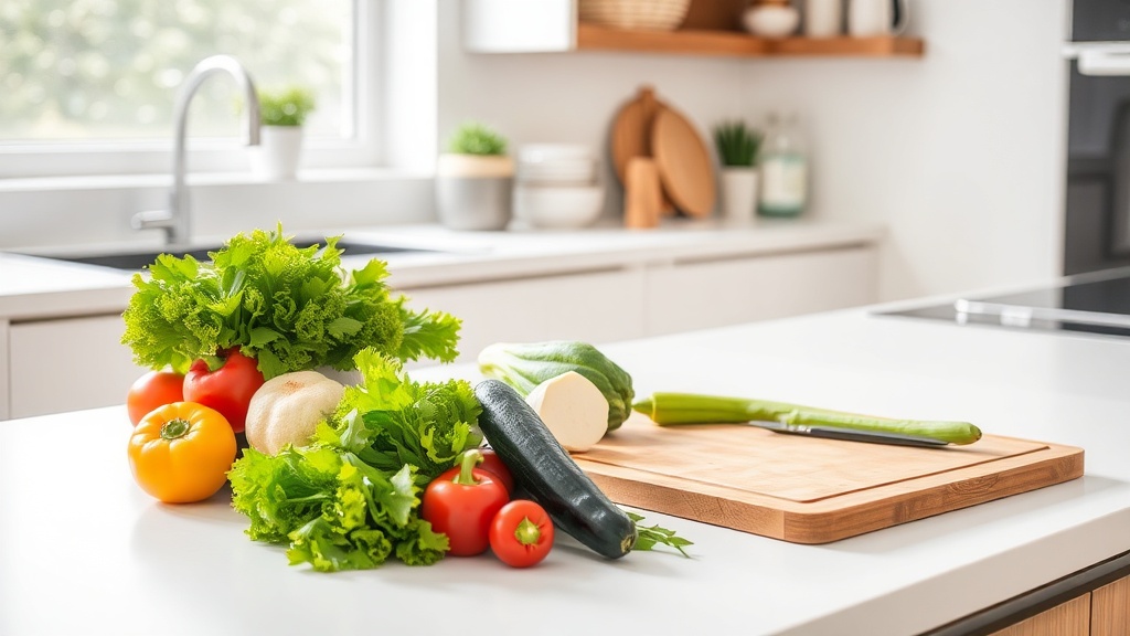 Organized kitchen countertop with fresh ingredients for meal prep