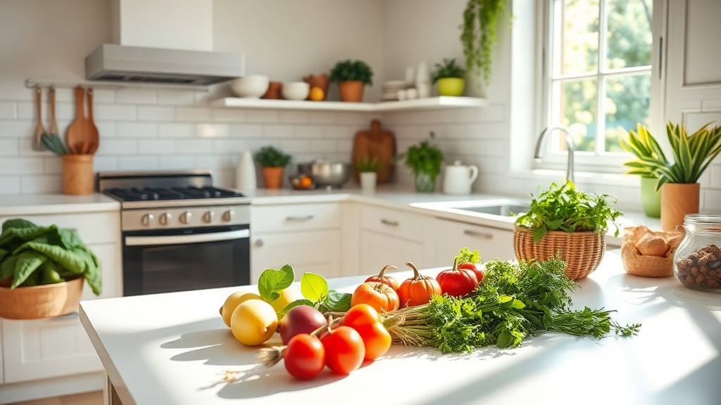 Bright kitchen with fresh ingredients for meal prep