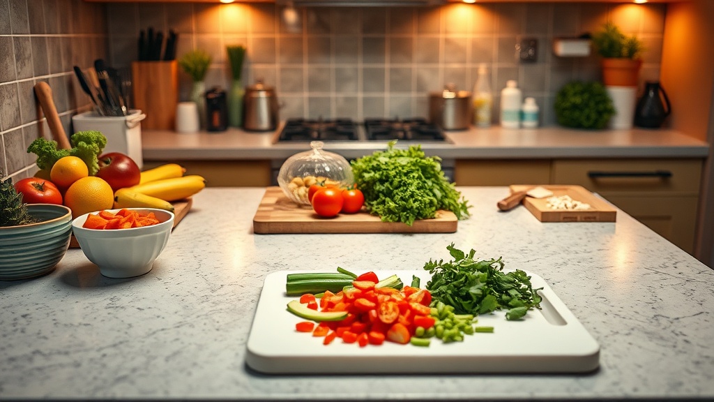 Organized kitchen countertop with fresh ingredients and a cutting board