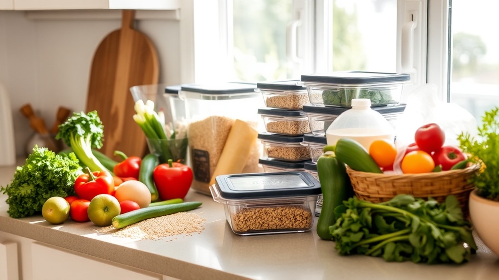 Organized kitchen countertop with fresh ingredients for meal prep