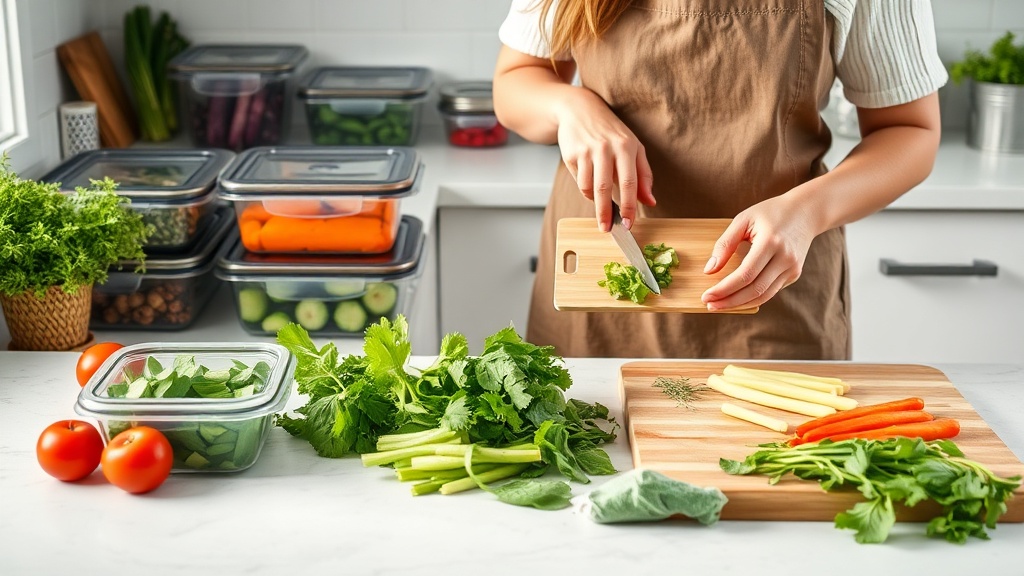 A person meal prepping in a bright kitchen with fresh ingredients and organized tools.