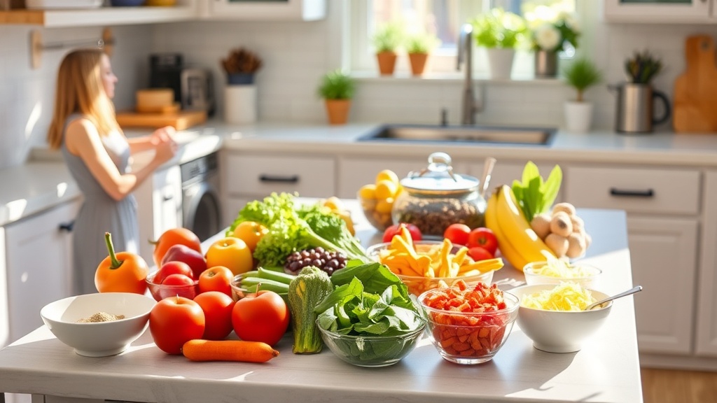 A well-organized kitchen countertop with fresh ingredients for meal prepping breakfast bowls.
