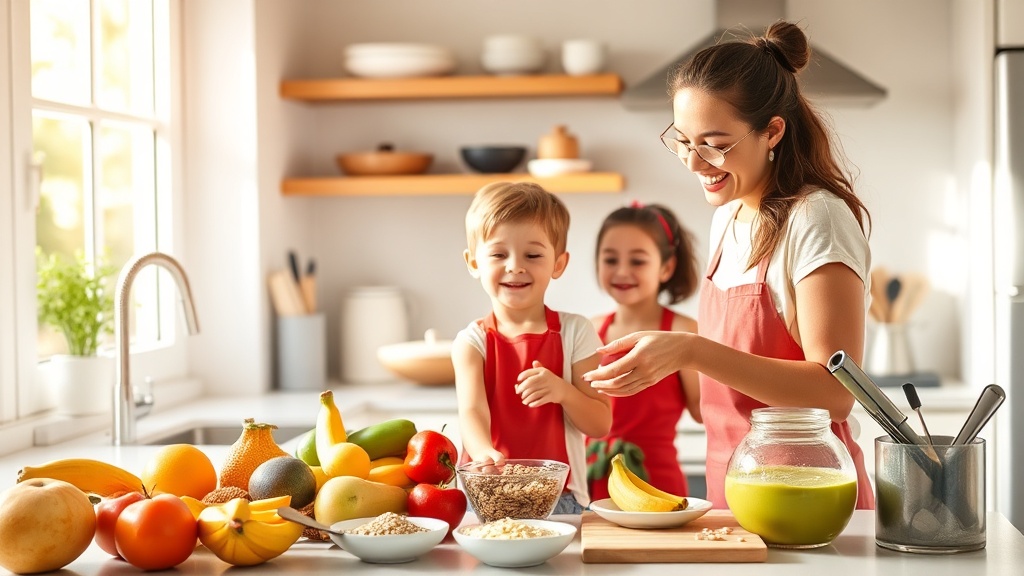 Parent and child preparing a healthy breakfast in a bright kitchen