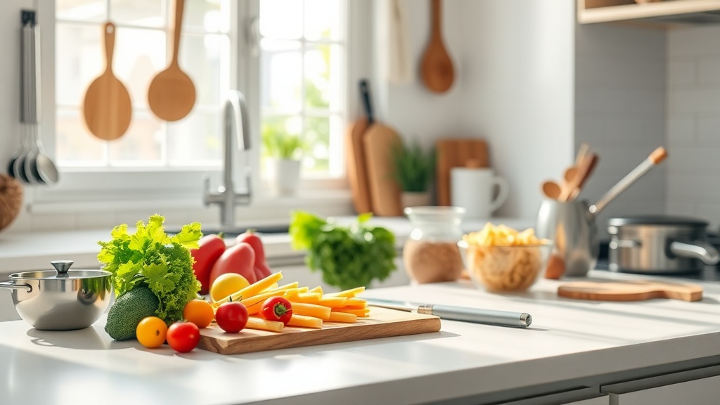 Bright kitchen with fresh ingredients and modern tools for meal prepping