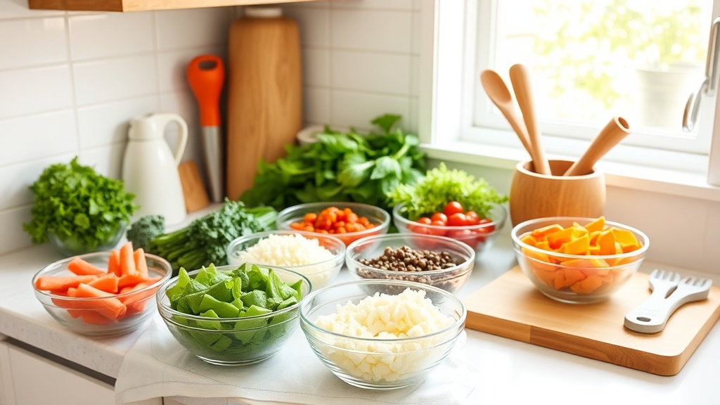Organized kitchen countertop with colorful meal prep ingredients