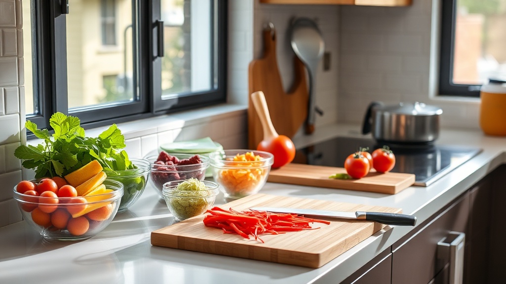 Organized kitchen countertop with fresh ingredients and meal prep tools