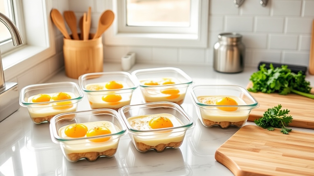 Organized kitchen countertop with meal-prepped breakfast egg dishes and fresh ingredients