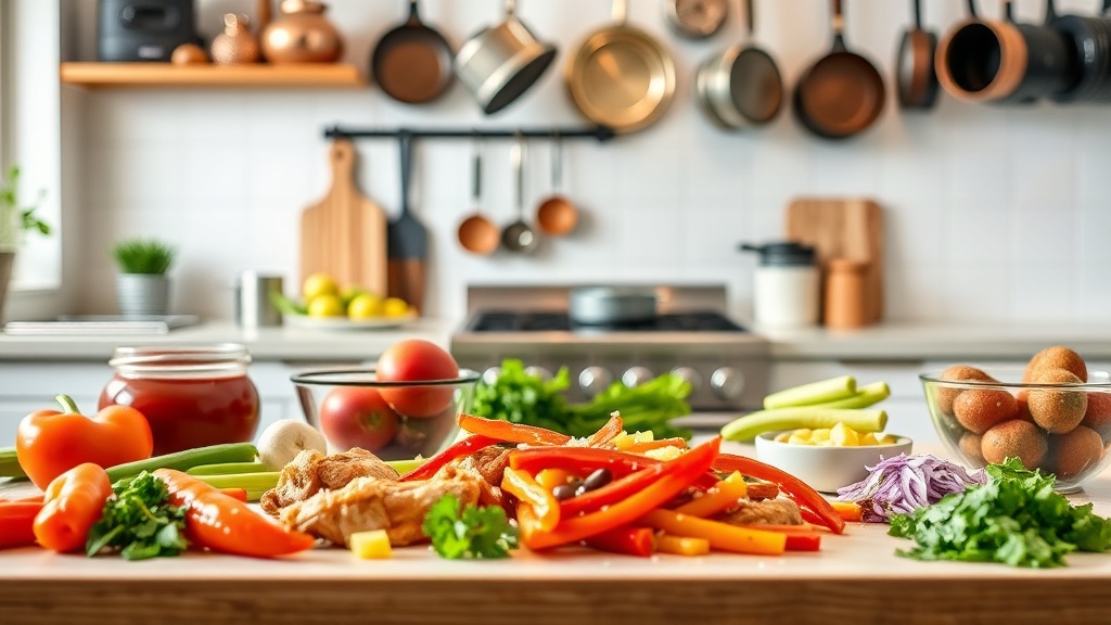 Colorful meal prep station for chicken fajitas in a bright kitchen