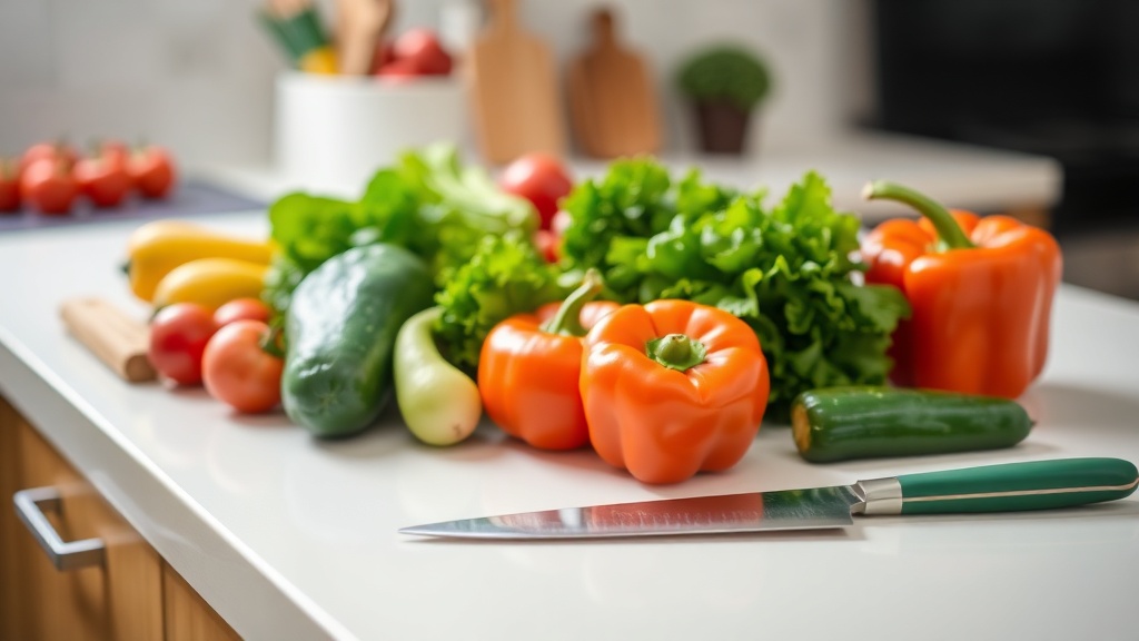Organized kitchen countertop with fresh vegetables and meal prep tools