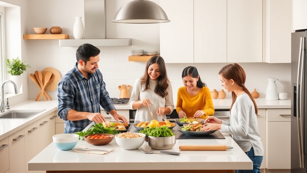 Family cooking together in a bright kitchen