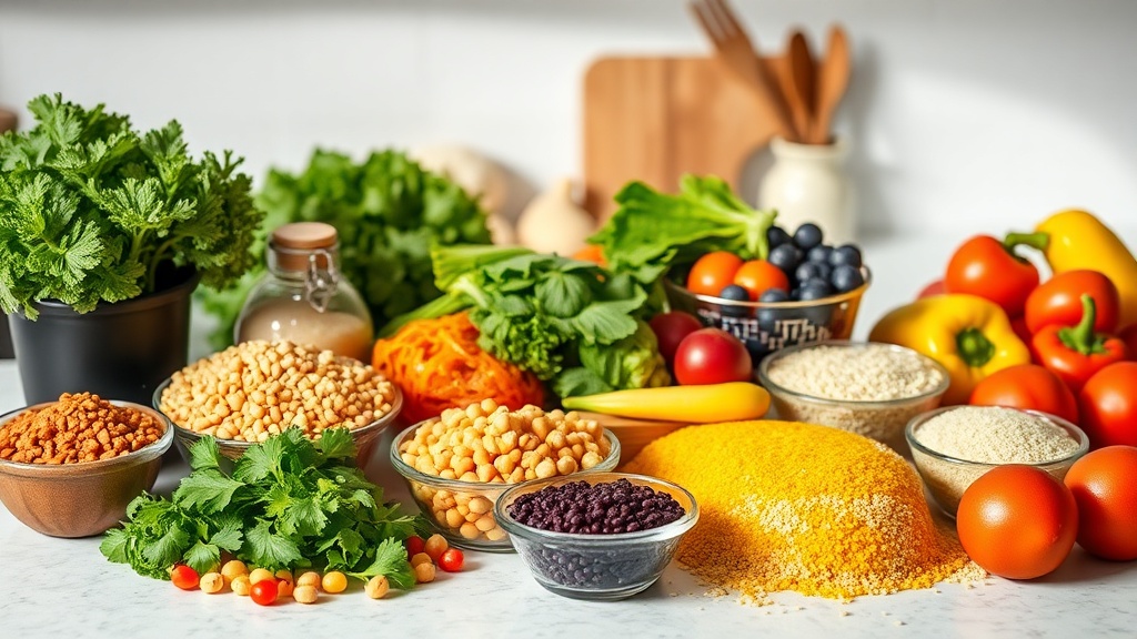Colorful high-protein vegetarian ingredients on a clean kitchen countertop