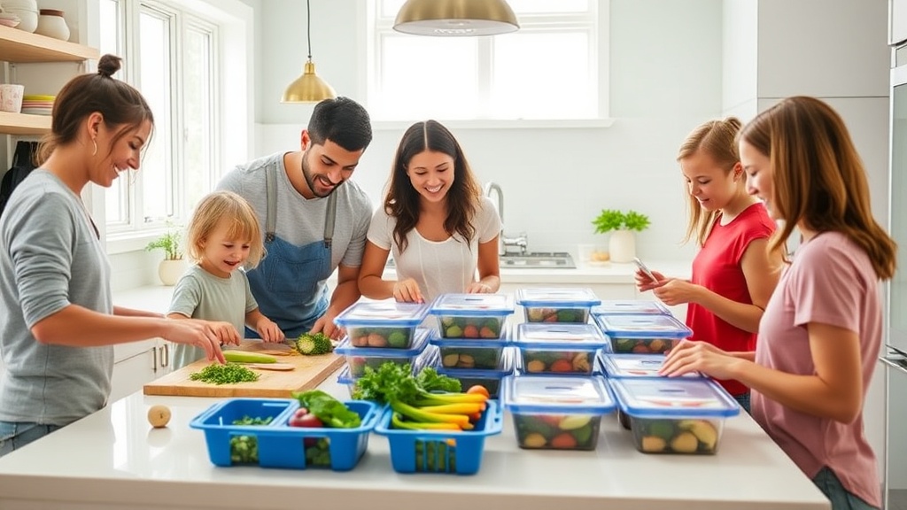 Family enjoying meal prep together in a bright kitchen