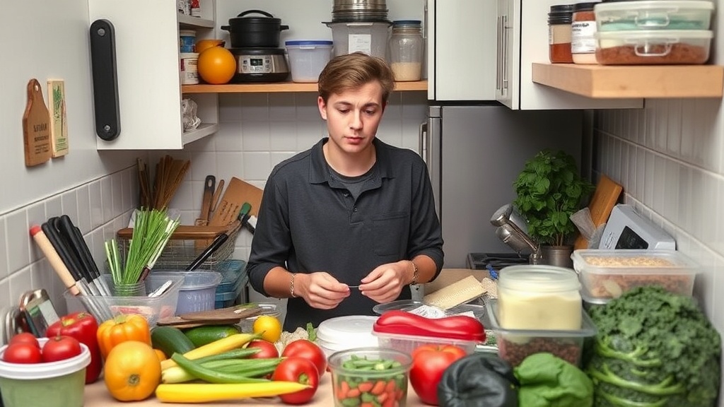 College student overwhelmed by meal prep in a cluttered kitchen