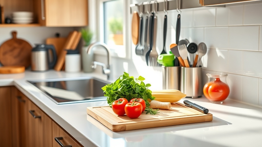 Organized kitchen countertop with fresh ingredients for meal prep