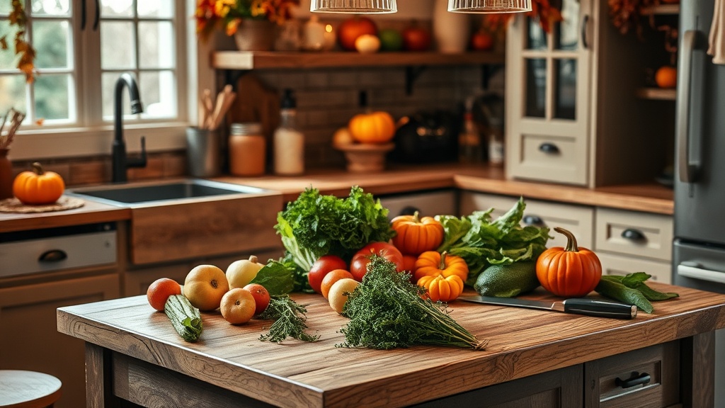 Cozy fall kitchen with fresh ingredients on a wooden prep table