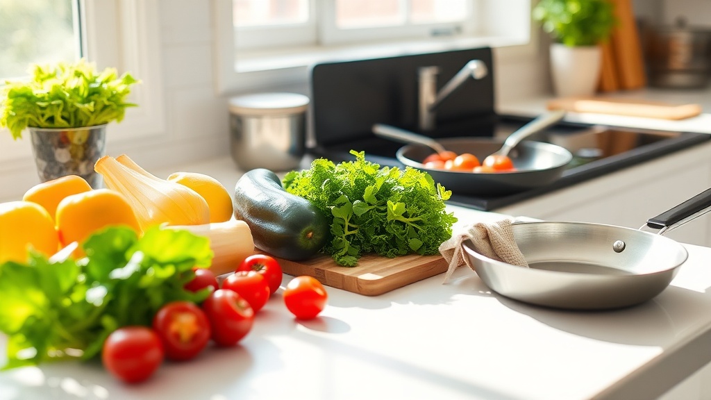 Bright kitchen with fresh vegetables and a clean prep surface