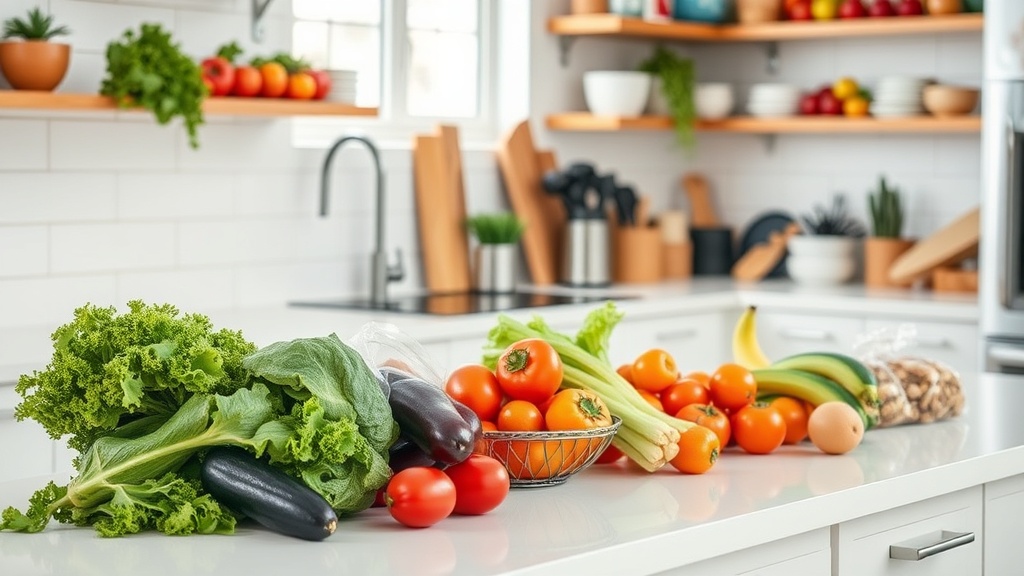 Organized kitchen countertop with healthy snacks and fresh ingredients