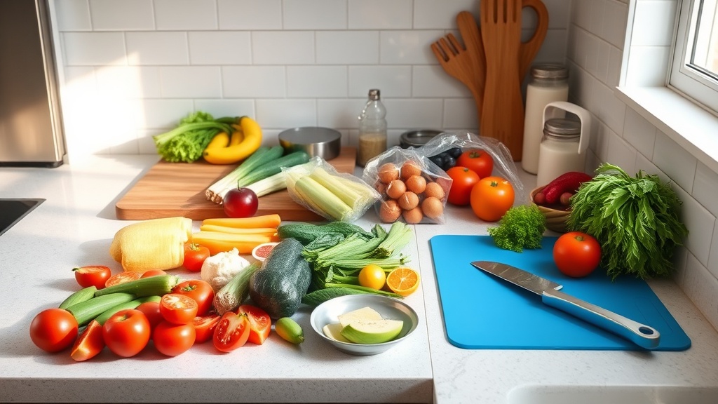 A clean kitchen countertop ready for meal prep with fresh ingredients.