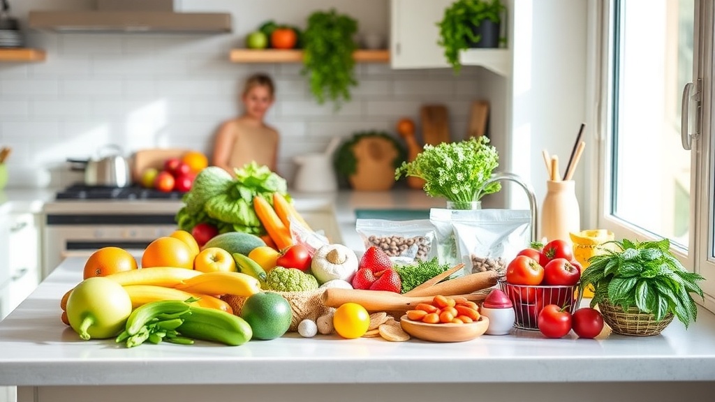 A clean kitchen countertop with fresh fruits and healthy snacks