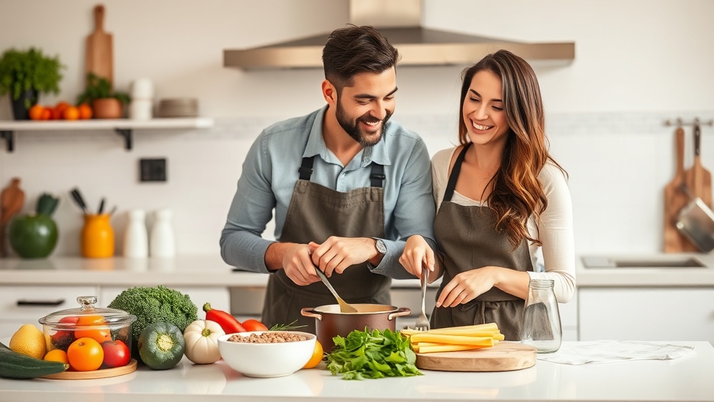 Couple cooking together in a cozy kitchen