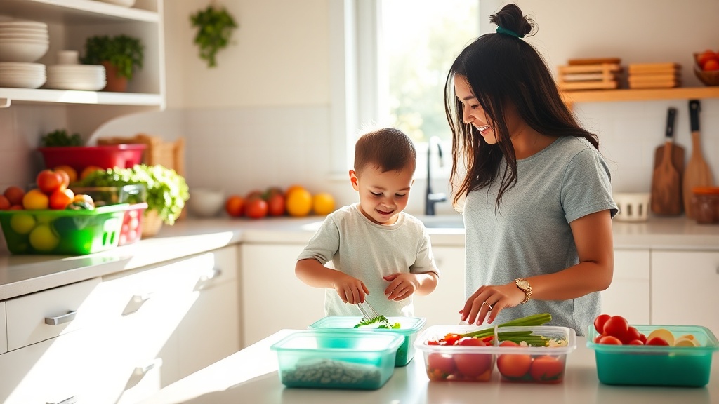 Parent preparing healthy meals in a bright kitchen