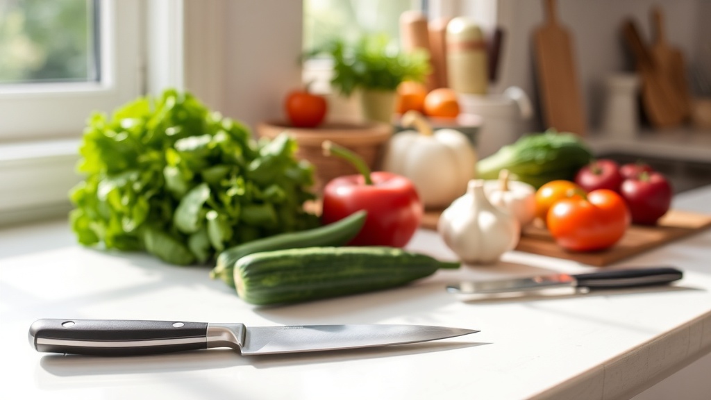 Organized kitchen countertop with fresh vegetables and cutting board