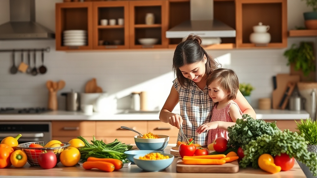 Parent and child cooking together in a bright kitchen
