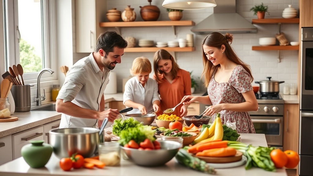Family cooking together in a bright kitchen