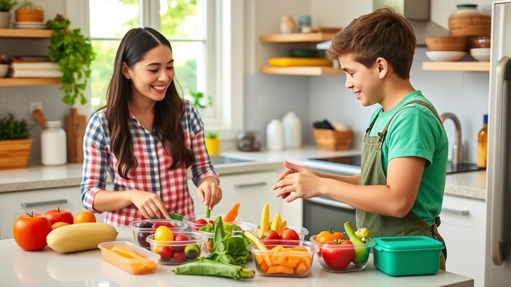 Parent and child preparing a healthy lunch in a bright kitchen