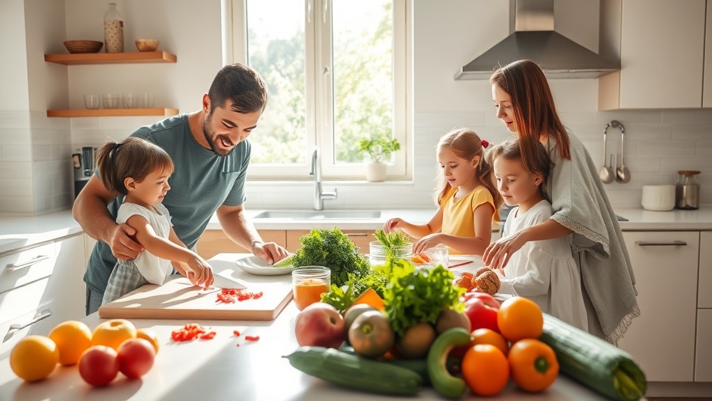 Family cooking together in a bright kitchen