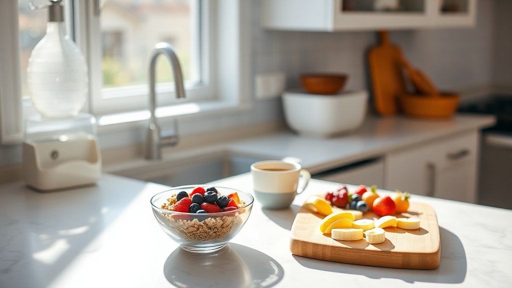 A clean kitchen with a simple breakfast setup including oatmeal, fruits, and coffee