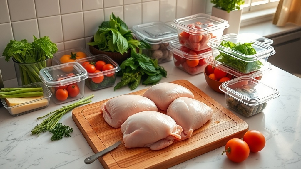 Raw chicken thighs on a cutting board with fresh vegetables and meal prep containers