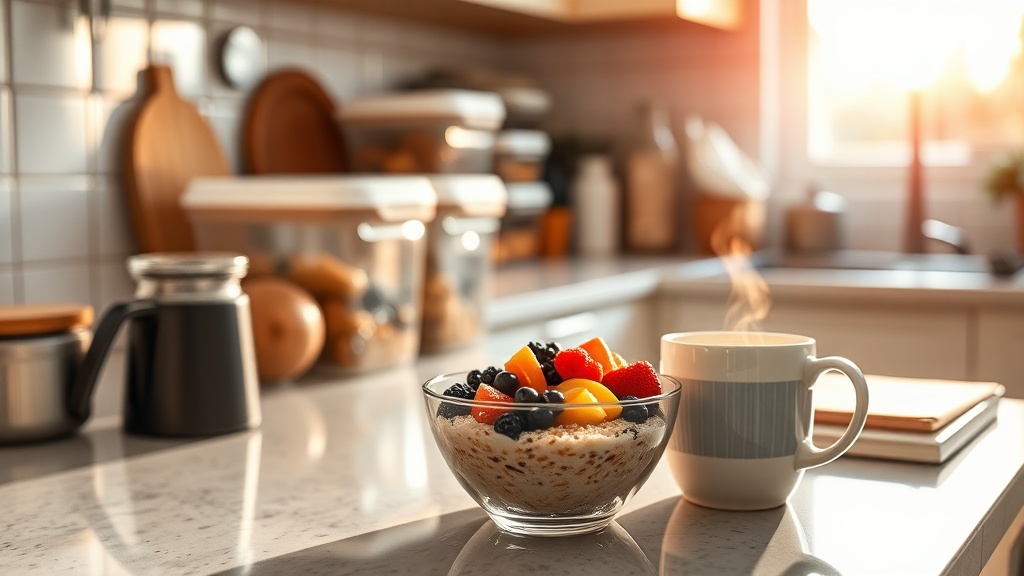 Cozy kitchen with oatmeal and coffee at sunrise