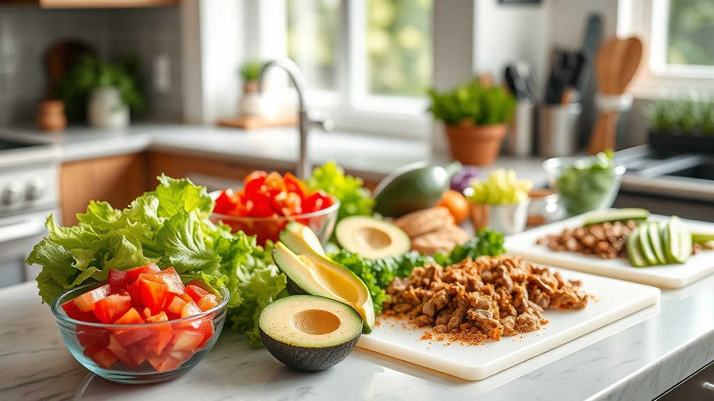 Organized kitchen countertop with fresh taco bowl ingredients