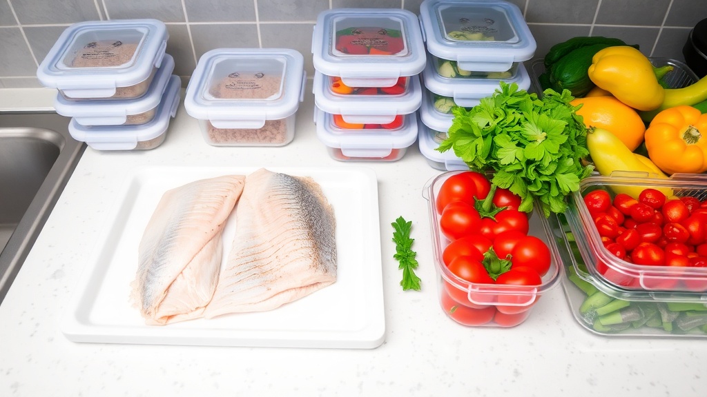Organized kitchen countertop with tilapia and vegetables for meal prep