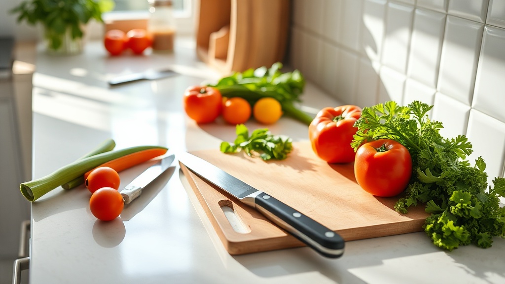 Organized kitchen countertop with fresh vegetables and cutting board