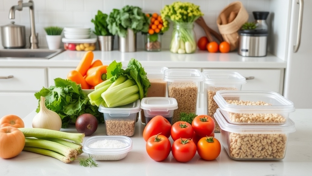 Organized kitchen countertop with fresh ingredients for meal prepping