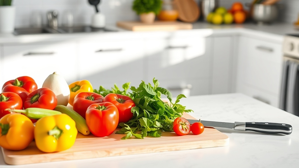 Organized kitchen countertop with fresh ingredients for meal prep