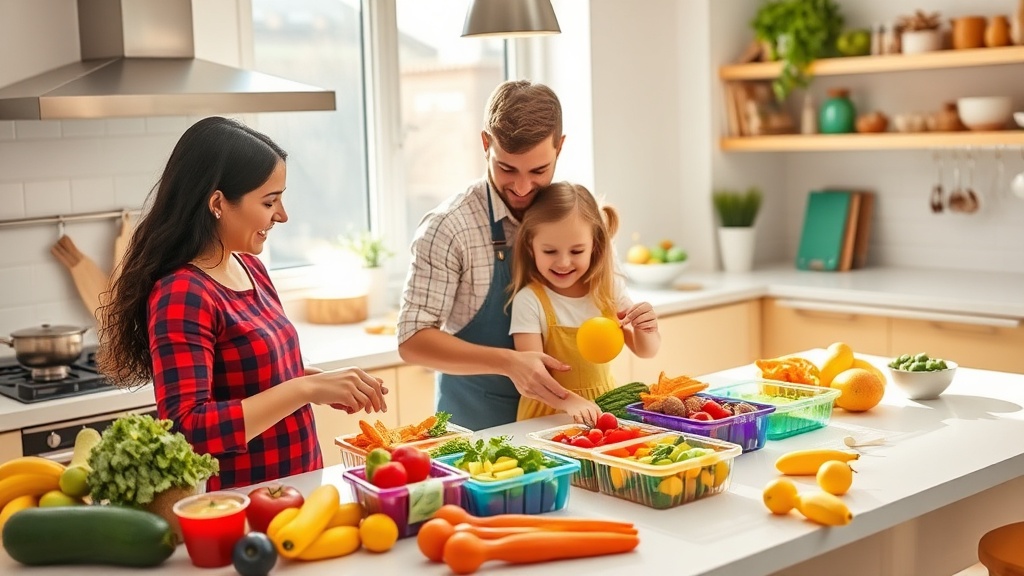 Parent and child preparing healthy lunch boxes in a bright kitchen