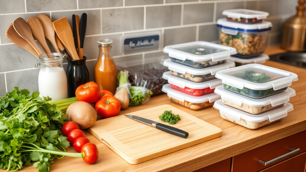 Organized kitchen countertop with fresh ingredients and meal prep containers
